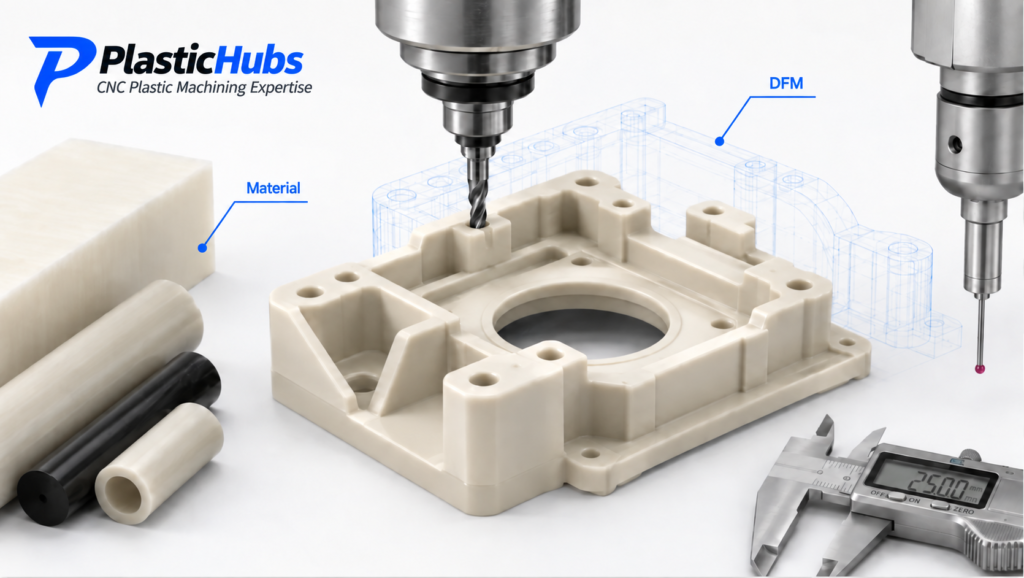 CNC milling of a plastic housing with material stock, a DFM outline and inspection tools