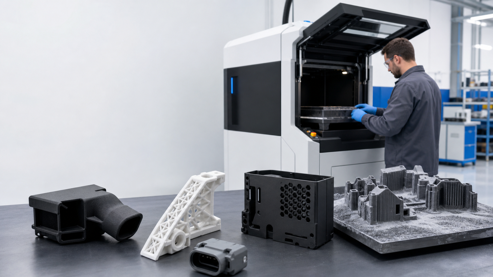 Industrial plastic powder-bed 3D printing system with custom nylon parts
