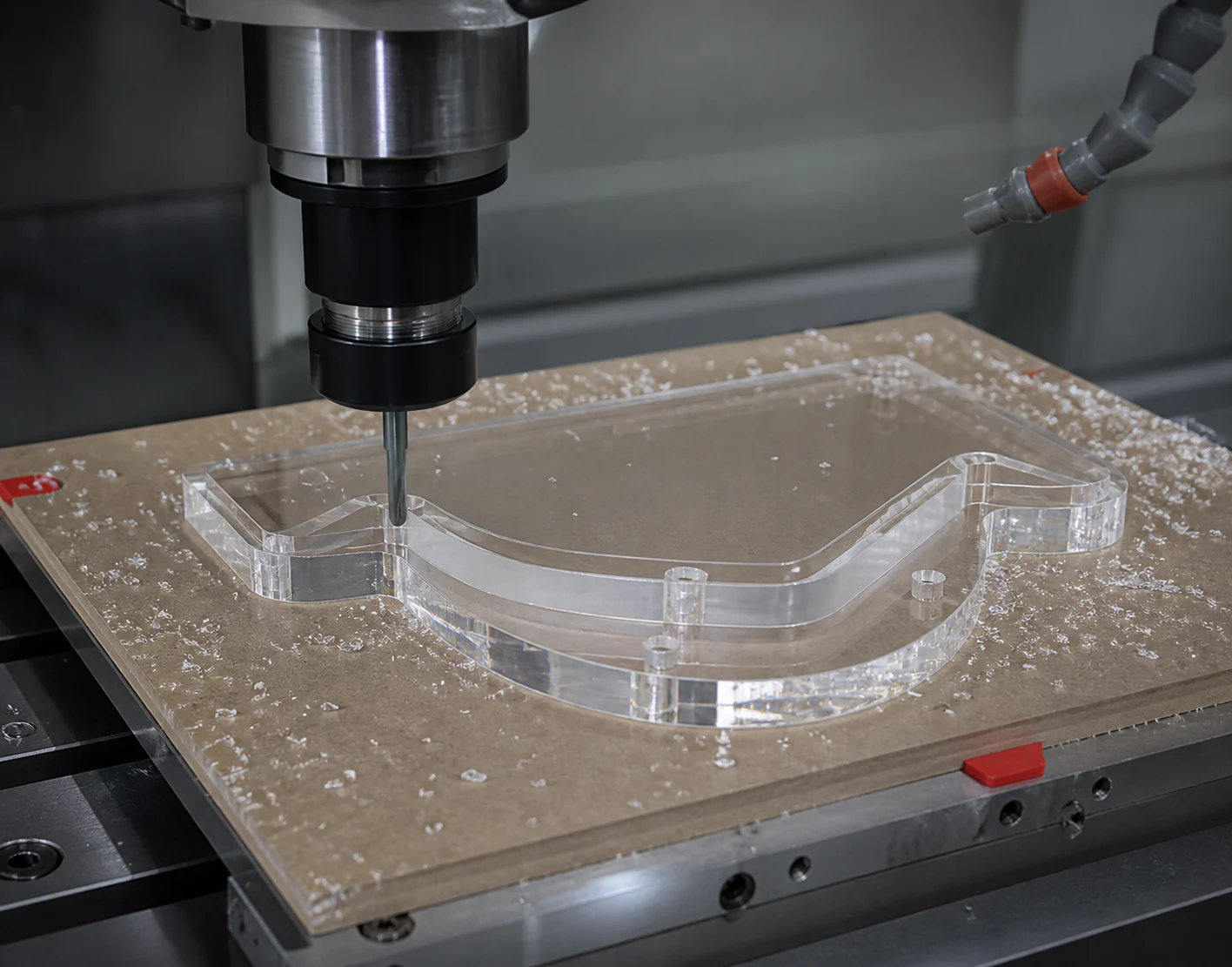 CNC machining of a transparent PMMA acrylic cover on a protected fixture