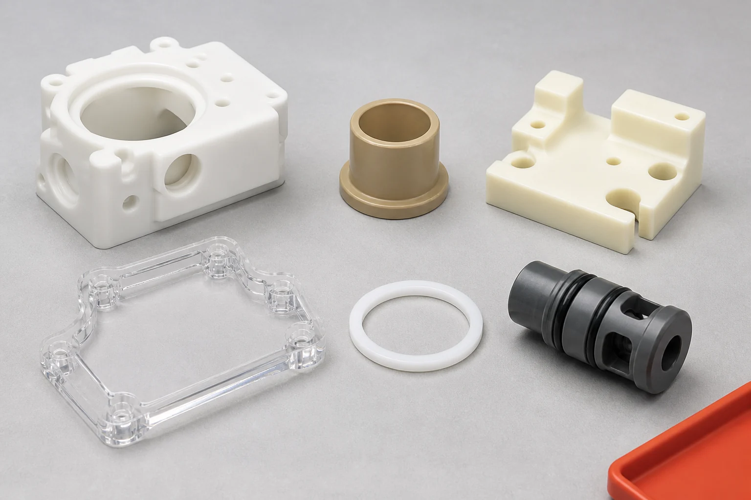 Machined POM, PEEK, nylon, PMMA, PTFE, and dark engineering-plastic components