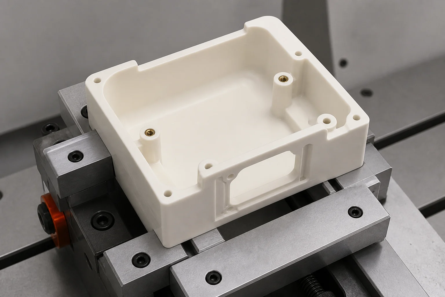 Machined plastic housing held in a soft-jaw fixture for DFM review