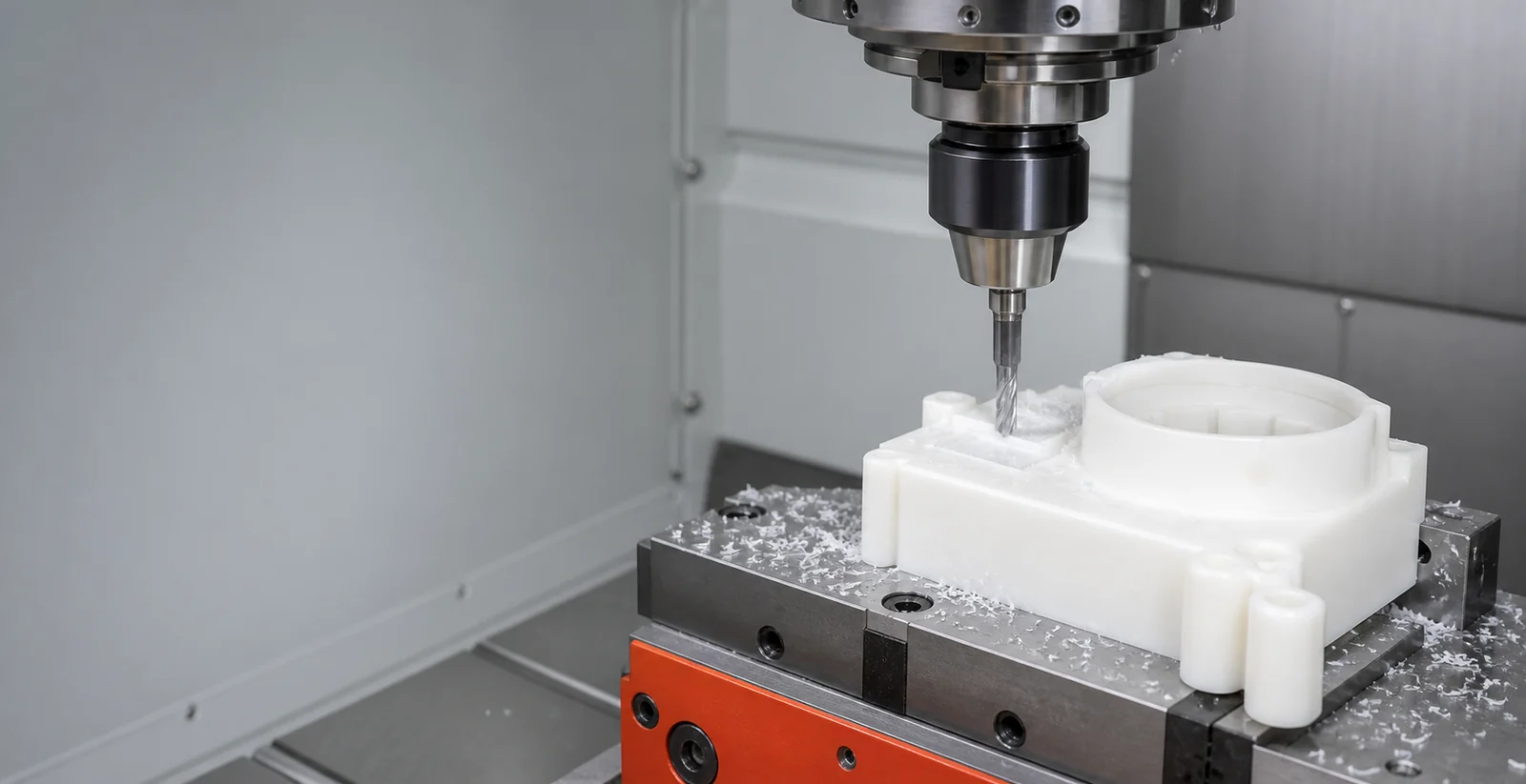 CNC spindle machining a white engineering-plastic housing in a fixture