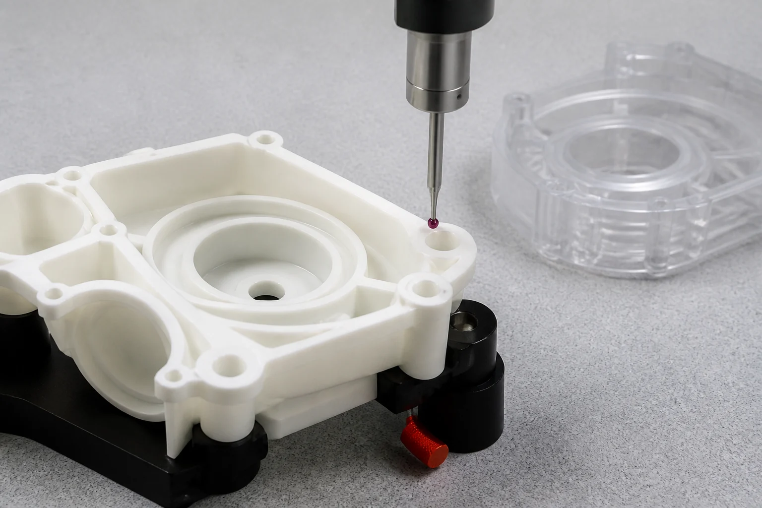 Ruby-ball touch probe positioned at a critical feature on a machined plastic housing