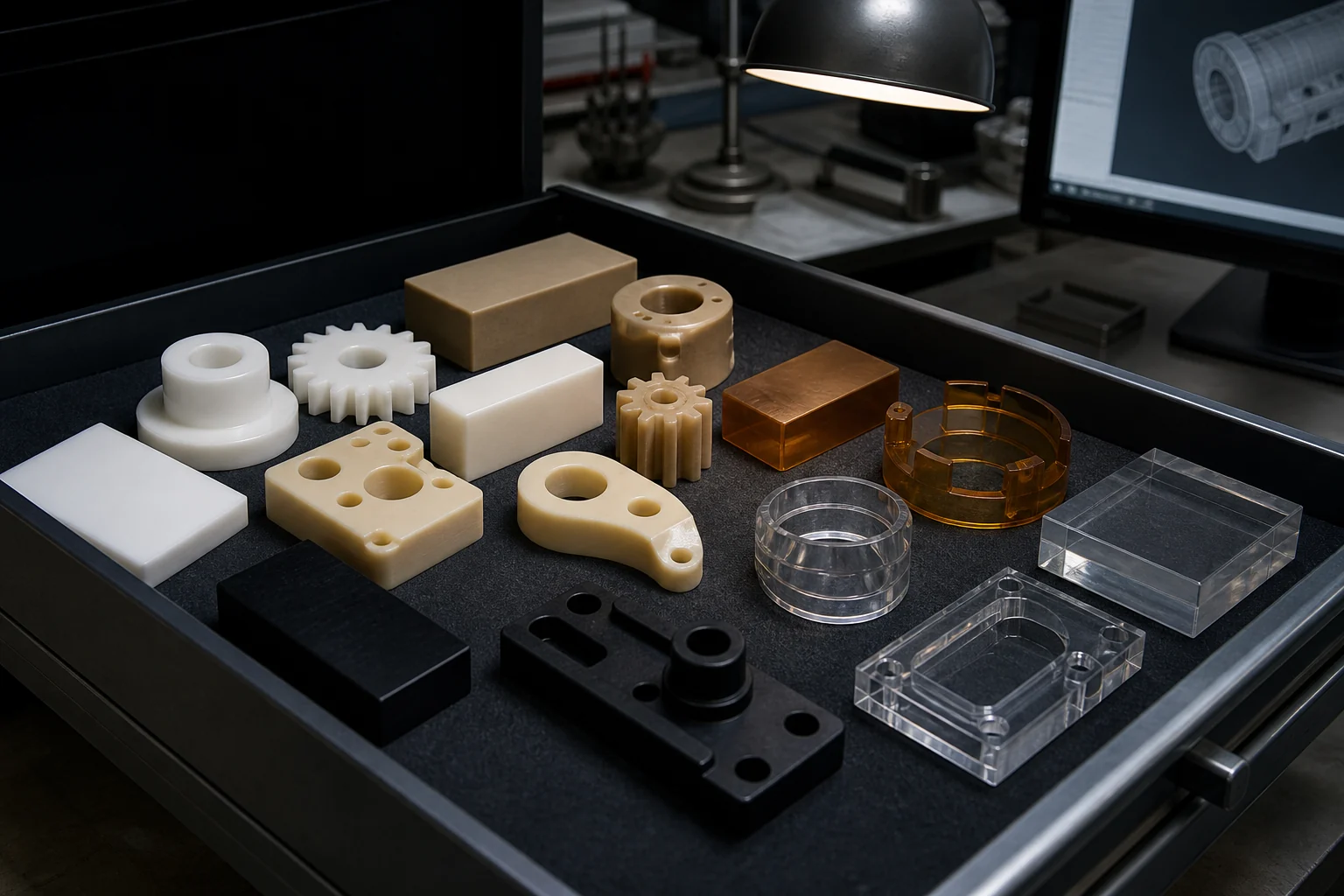 Engineering-plastic sample library with POM, PTFE, PEEK, PEI, nylon, ABS, PC, and PMMA parts