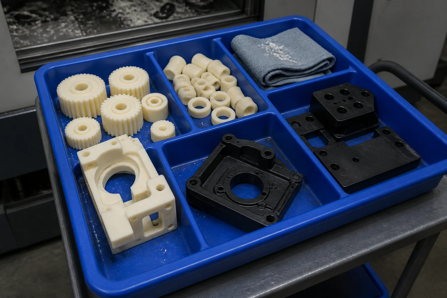 Cream nylon gears and spacers with black ABS housings in a blue production tray