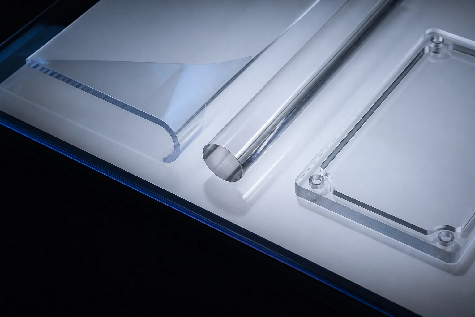 Clear polycarbonate sheet, acrylic rod, and machined PMMA cover on an inspection light table