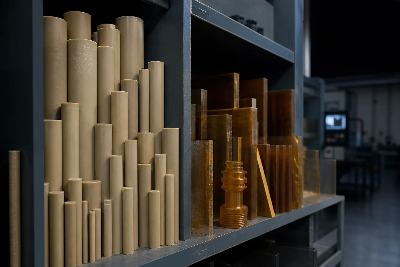 Tan PEEK rods and amber PEI plates stored in an engineering-plastics rack