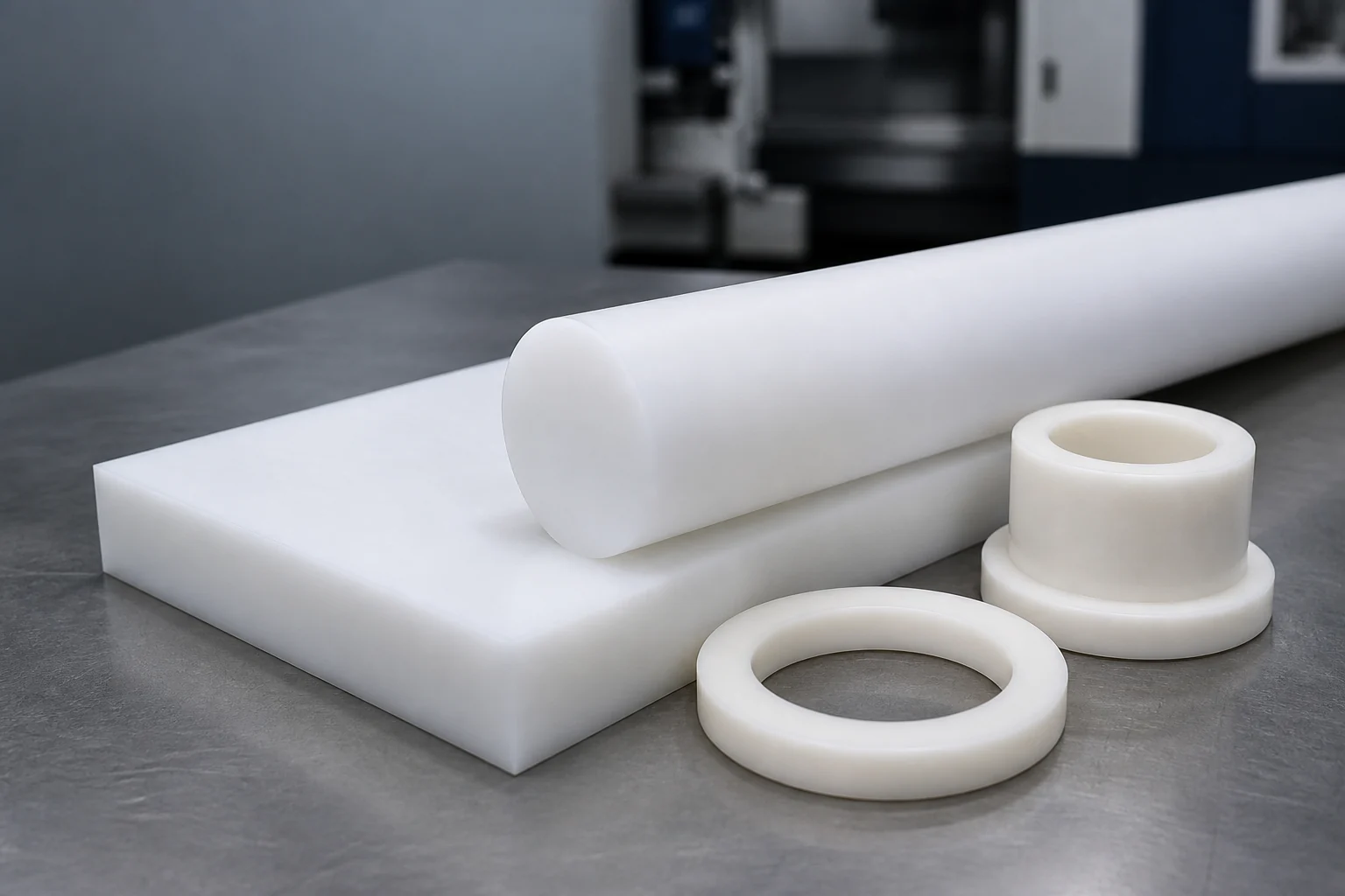 White POM stock with ivory PTFE rod, seal ring, and machined bushing
