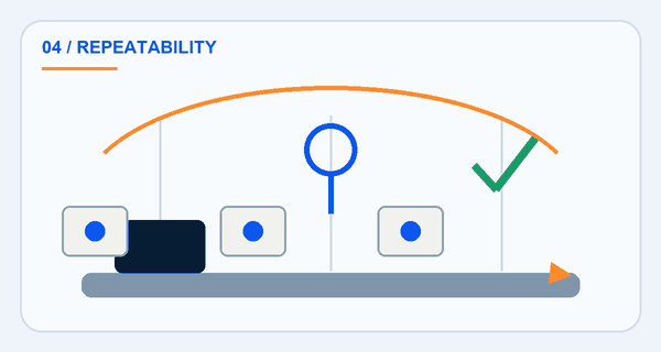 Looping illustration of repeated plastic parts moving through fixture and inspection states
