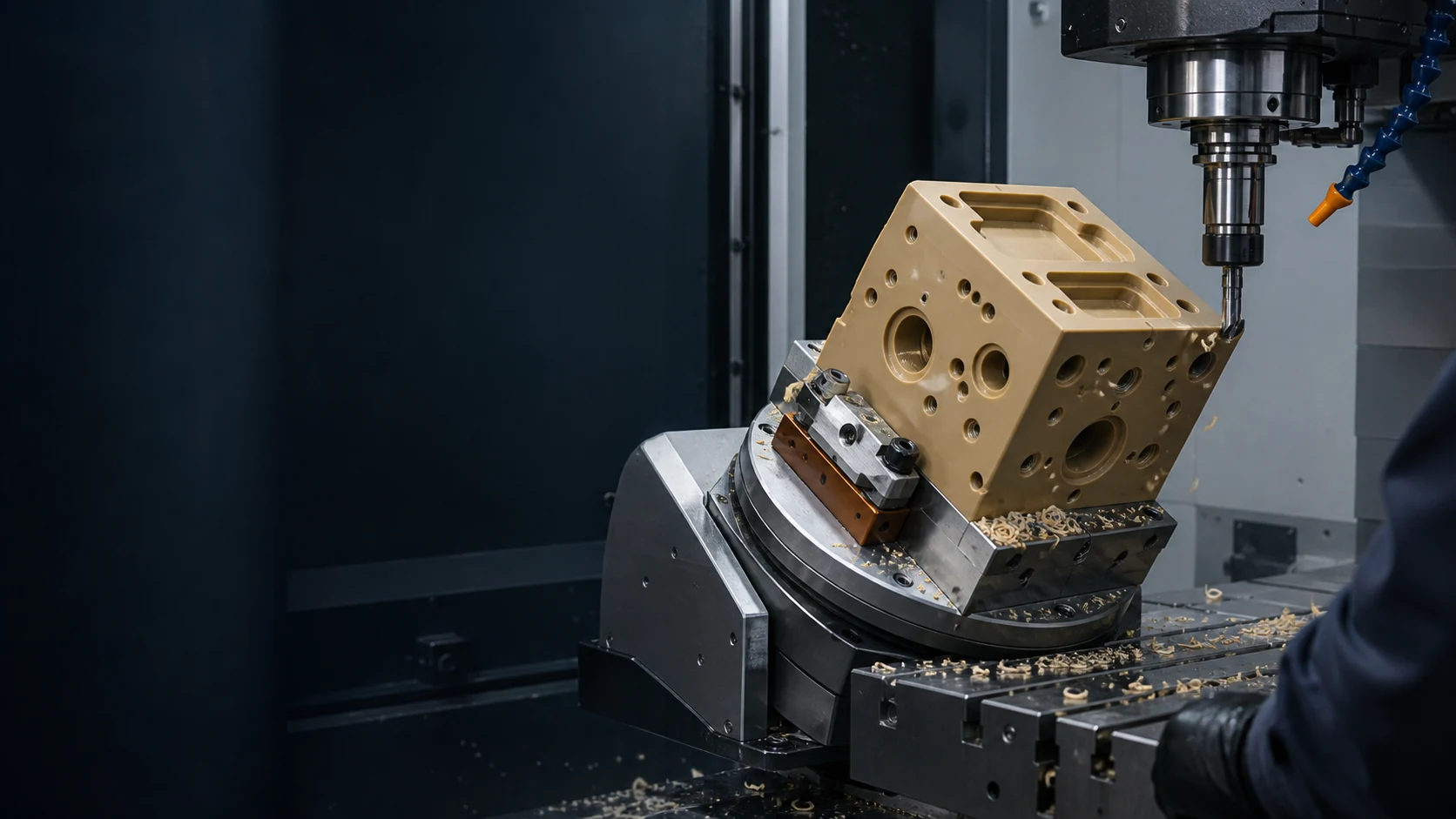 Illustrative five-axis CNC milling of an amber PEEK multi-face manifold