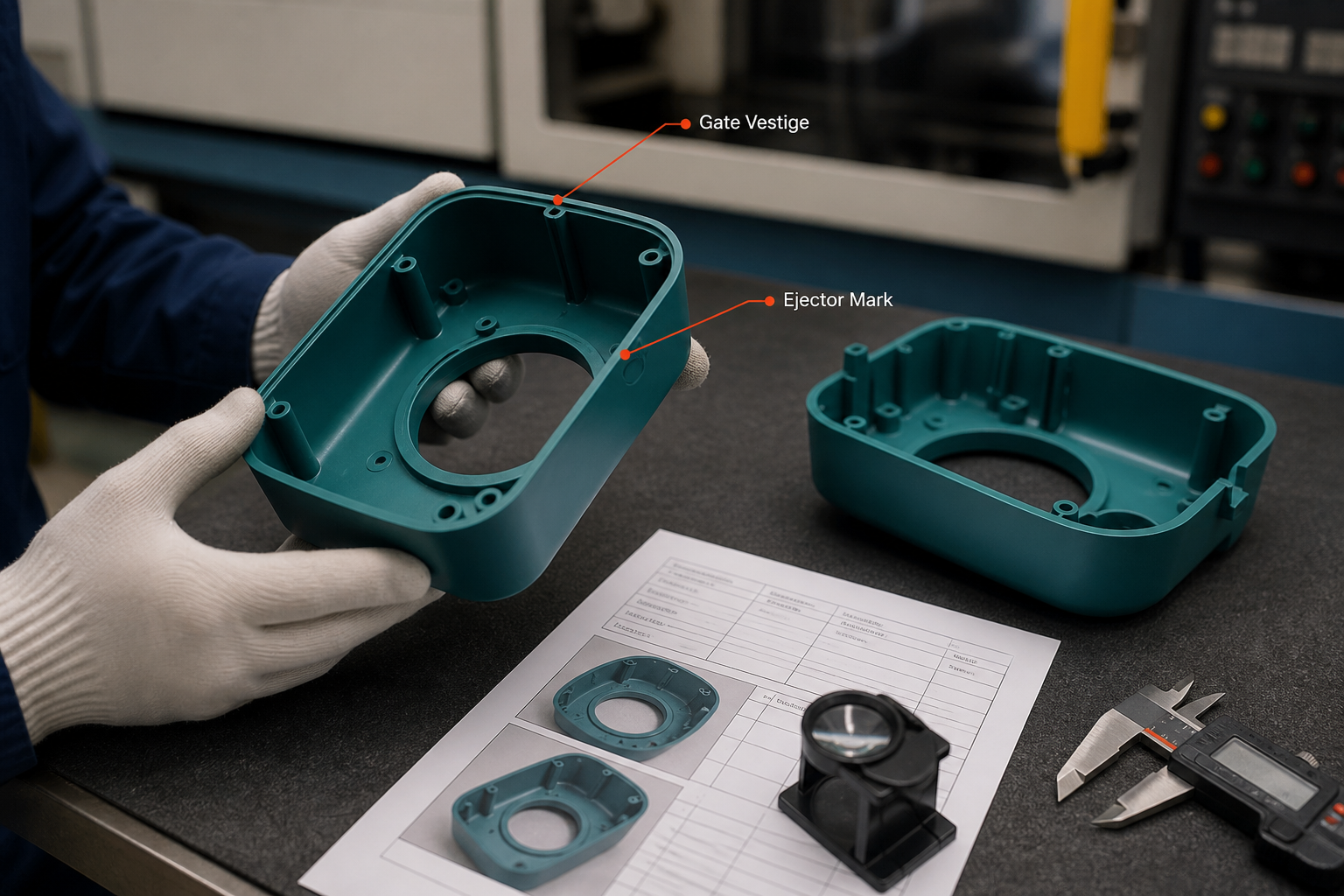 Injection molding trial samples reviewed for gate vestige, ejector marks, and repeatability before supplier approval