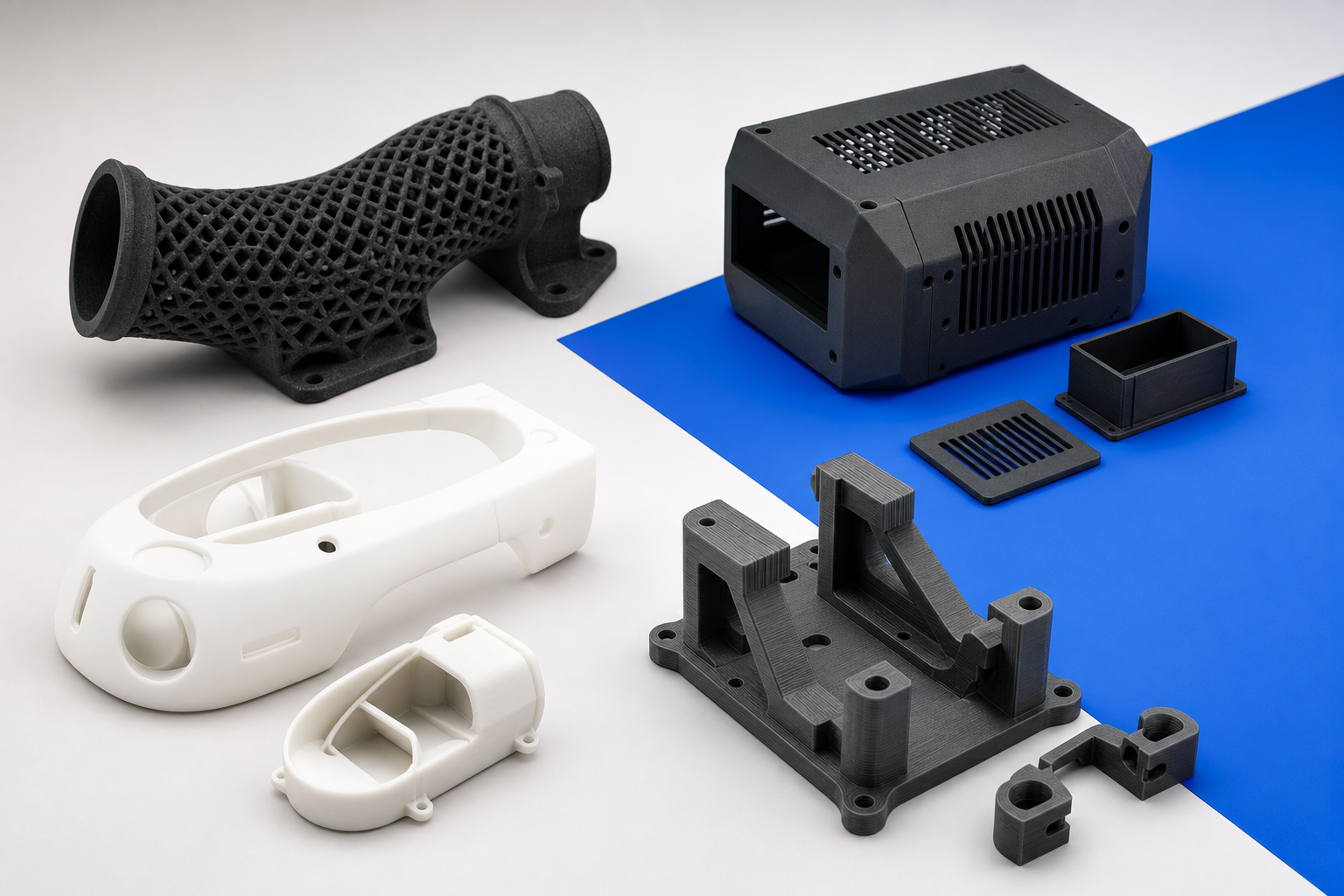 Examples of SLS, MJF, SLA and FDM plastic 3D printed engineering parts