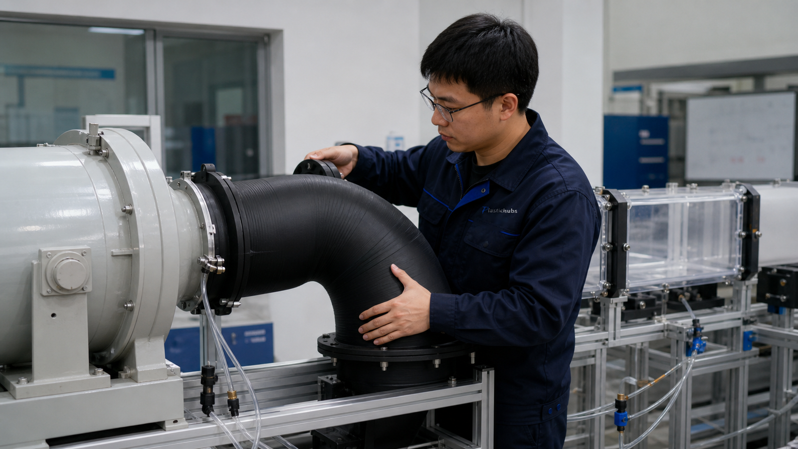 Chinese engineer fitting a black 3D printed elbow duct to a transparent airflow test rig