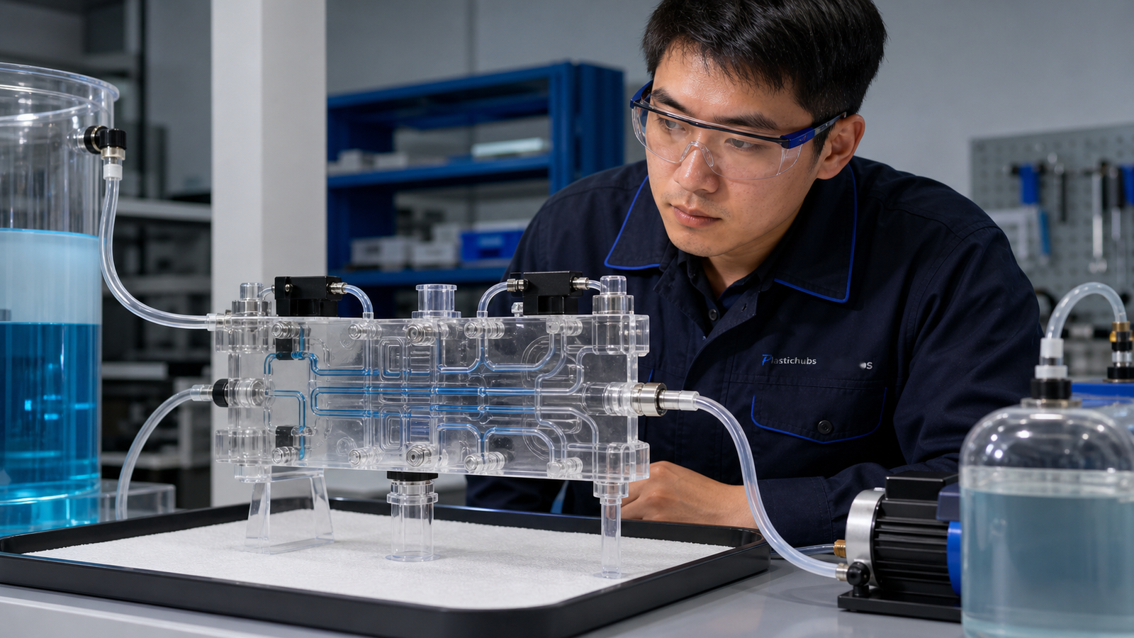Chinese engineer inspecting a transparent 3D printed manifold on a fluid test loop