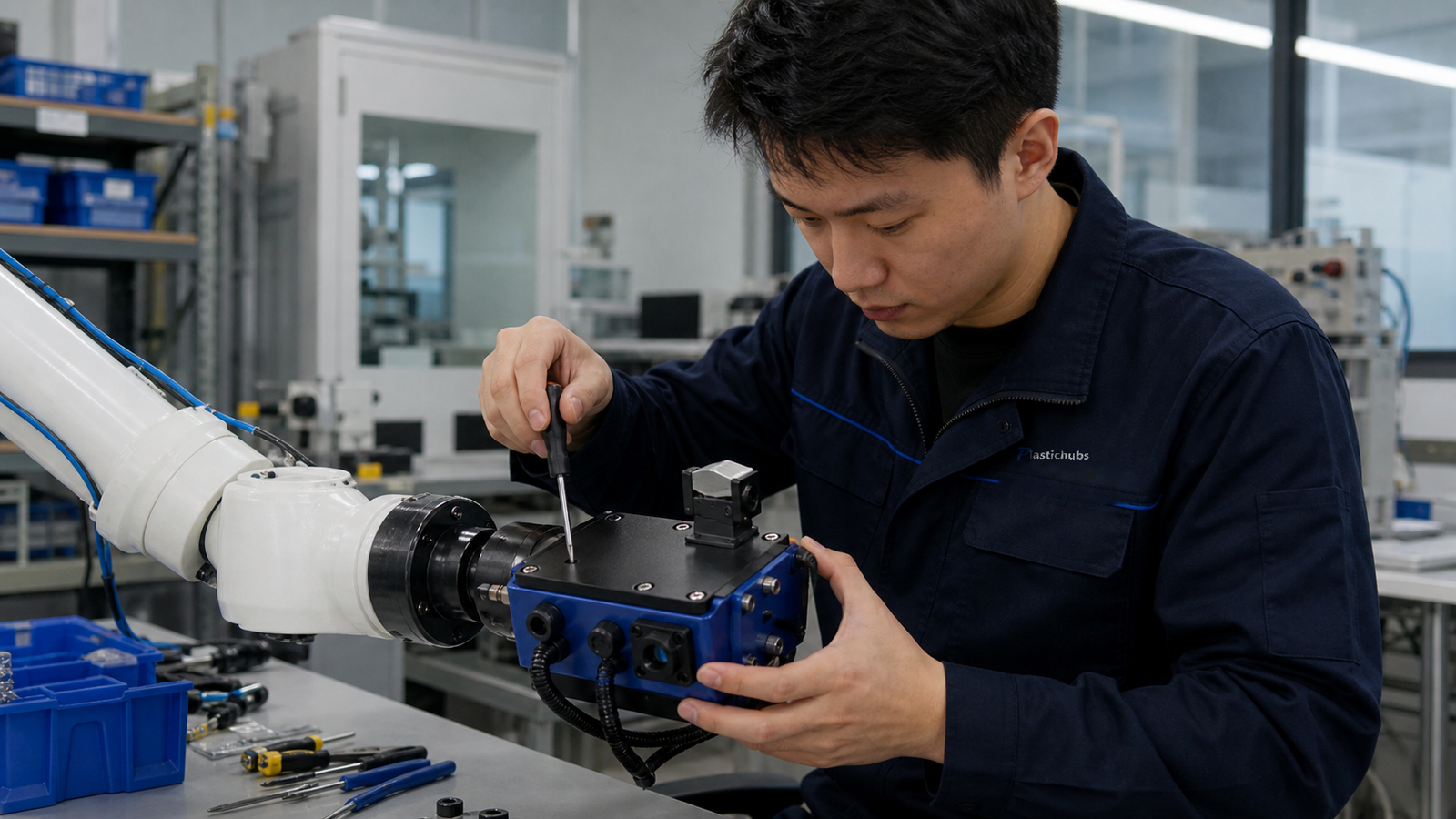 Chinese technician fastening a printed electronics enclosure to an industrial robot wrist