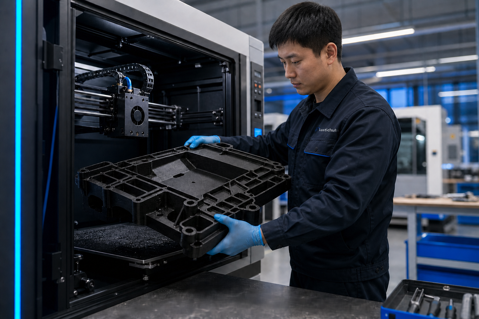 Chinese engineer removing a large FDM fixture from a printer