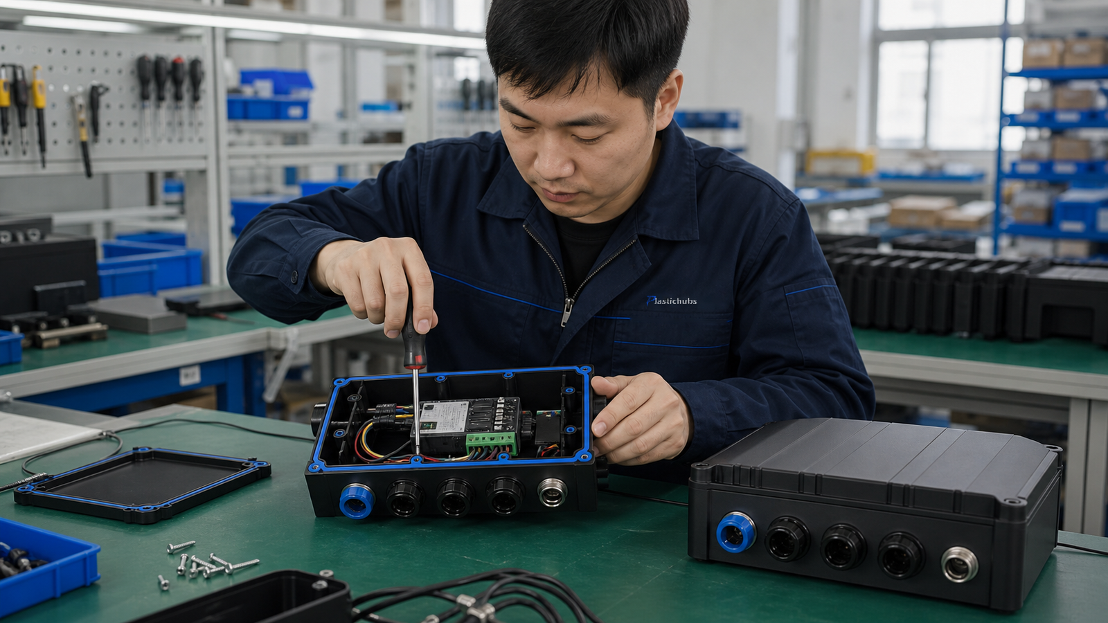 Chinese technician assembling a multi-part 3D printed electronics enclosure