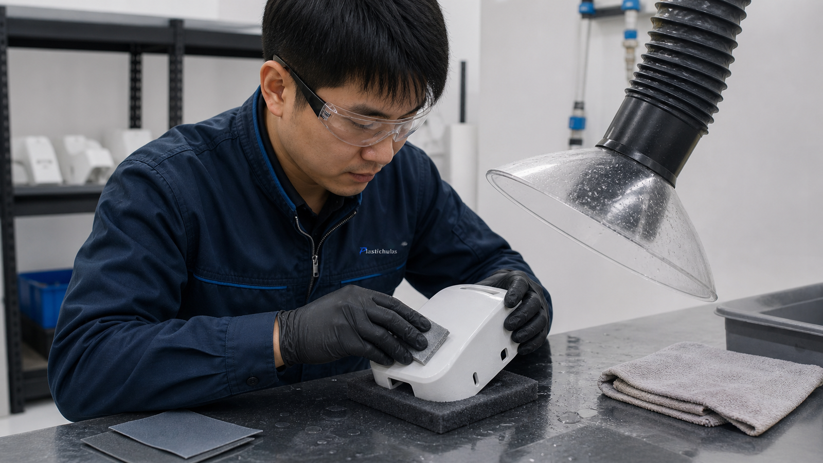 Chinese technician sanding a white 3D printed prototype at a ventilated workbench