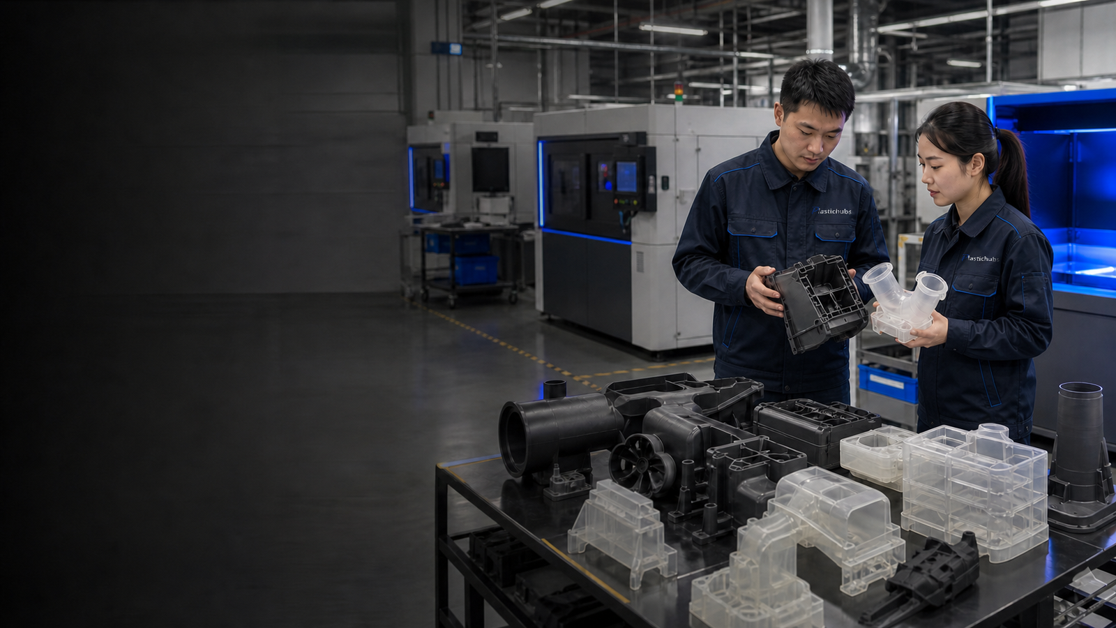 Chinese PlasticHubs engineers reviewing polymer 3D printed parts inside an additive manufacturing center