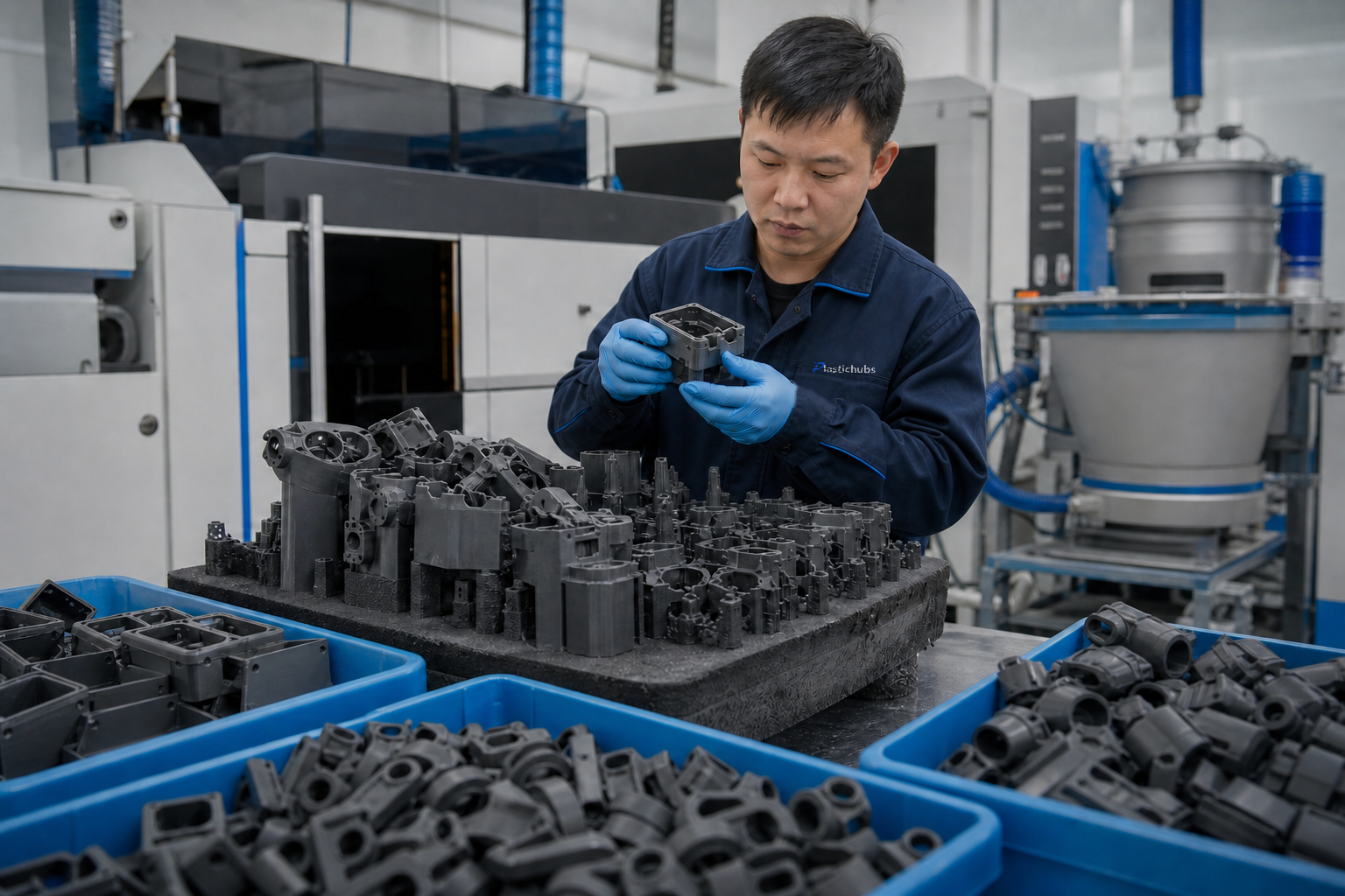 Chinese technician sorting graphite-gray MJF nylon production parts
