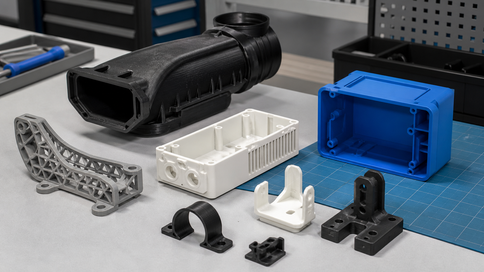 Plastic 3D printed duct, housings, fixture and lattice parts