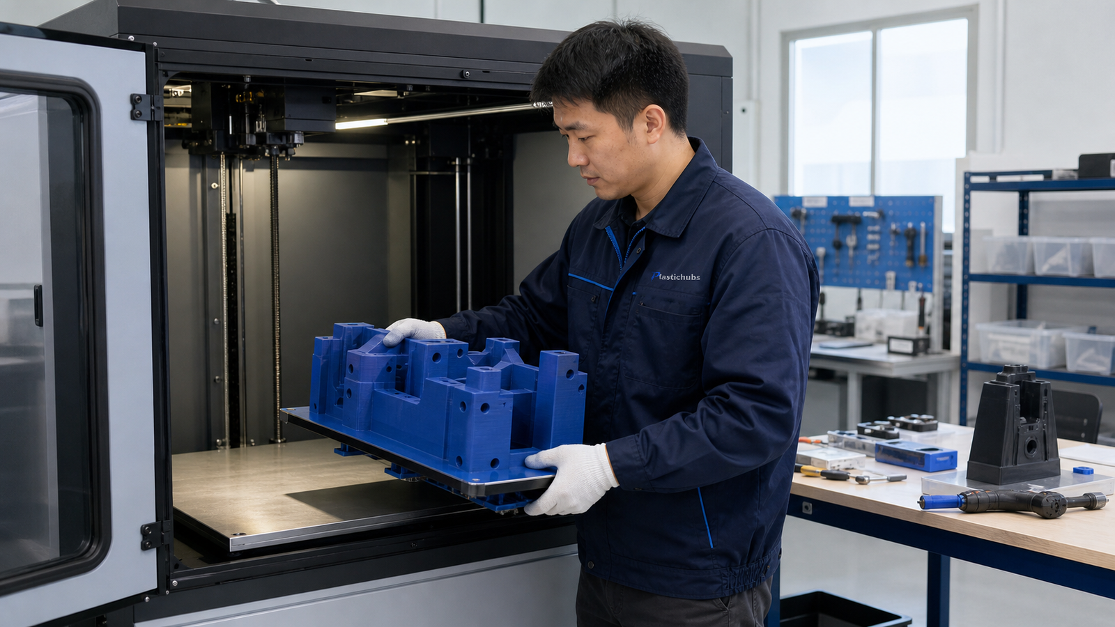 Chinese operator removing a large blue fixture from an enclosed FDM printer