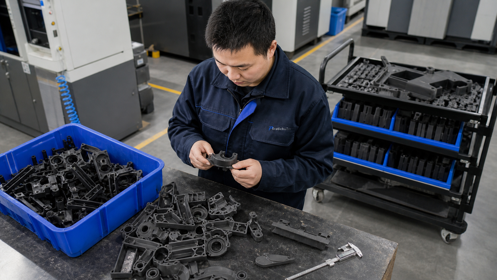 Chinese technician sorting gray MJF nylon parts beside blue production bins