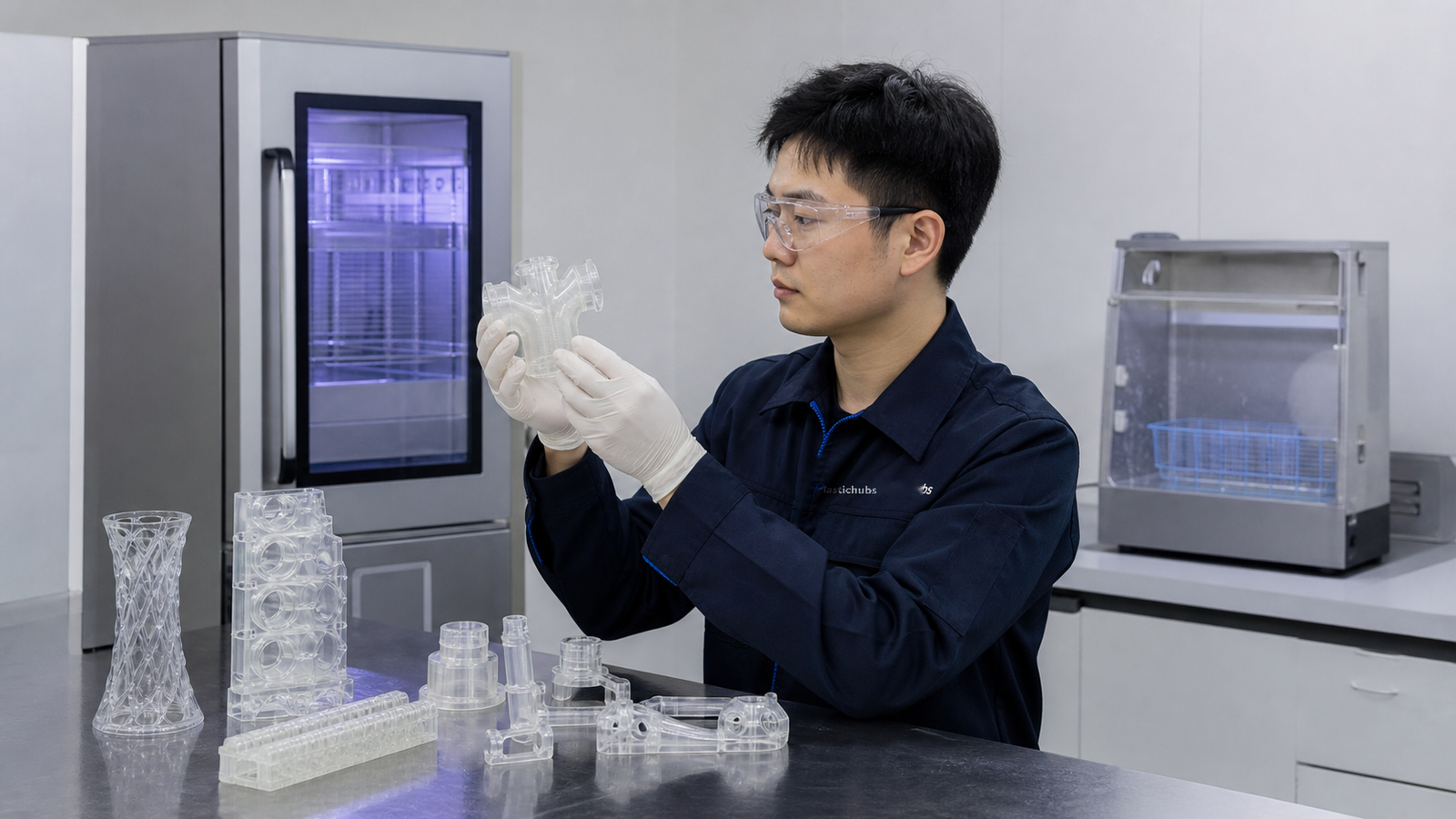 Chinese technician examining clear SLA resin parts at a laboratory bench