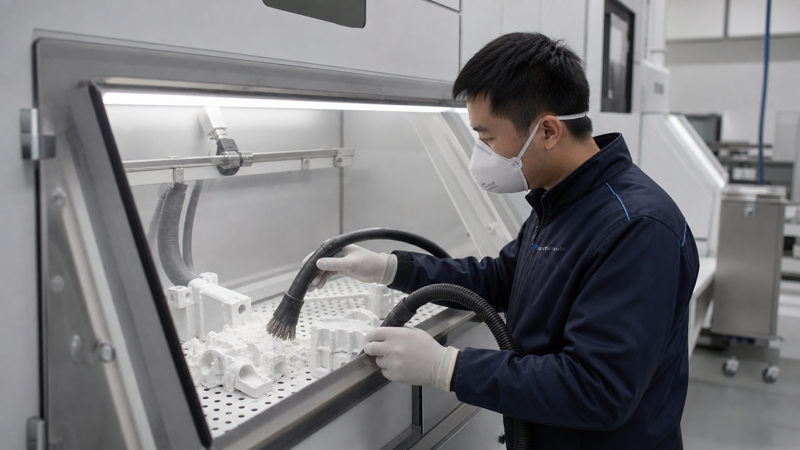 Chinese operator cleaning white SLS parts in an enclosed depowdering station