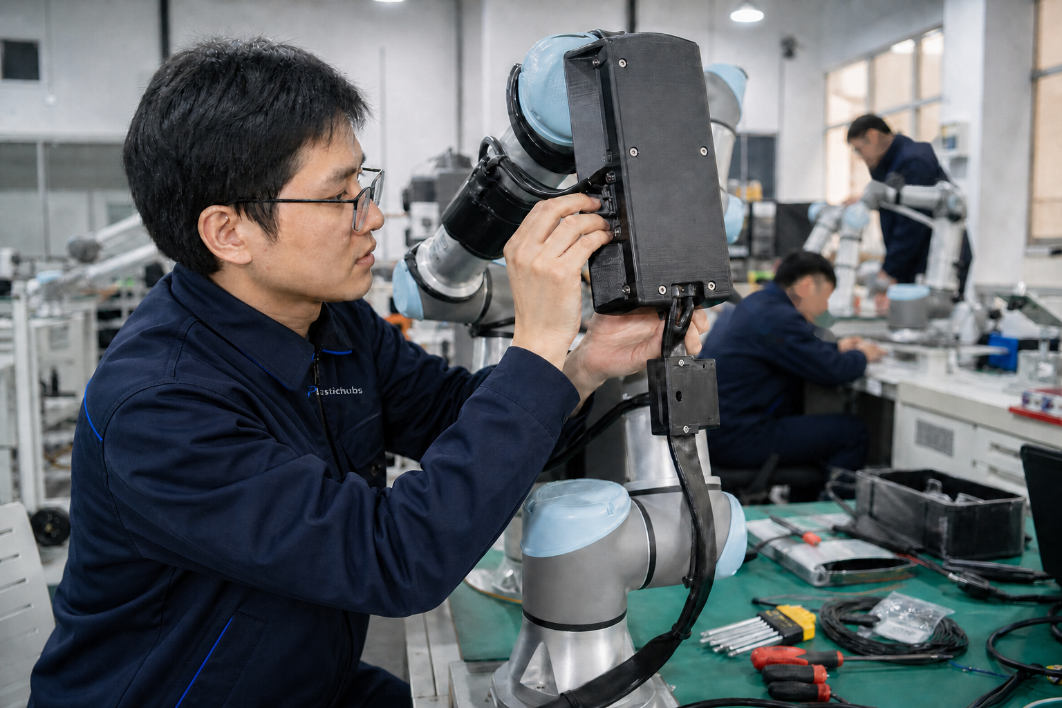 Chinese engineer assembling a 3D printed enclosure on a collaborative robot arm