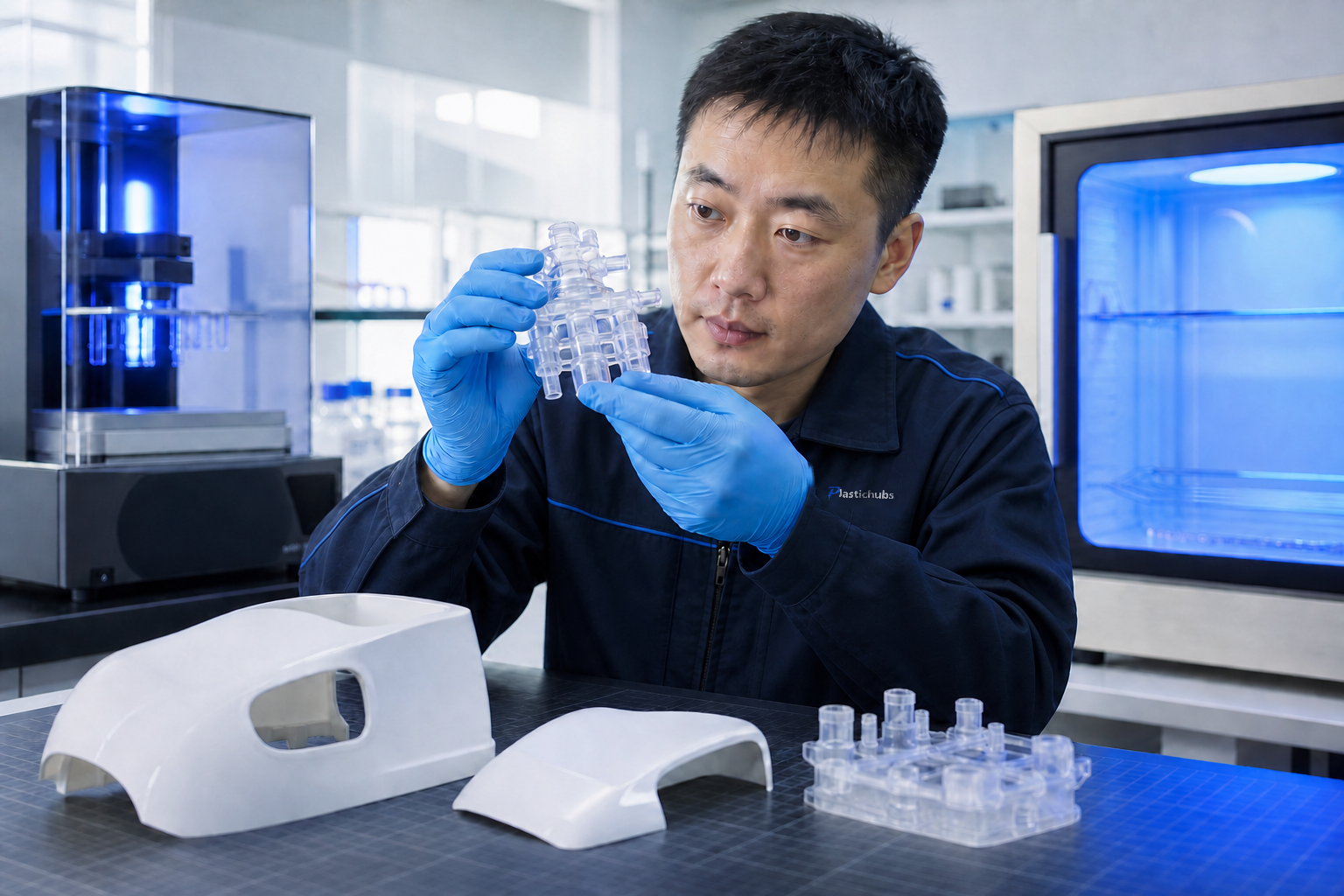 Chinese engineer inspecting a clear SLA resin prototype
