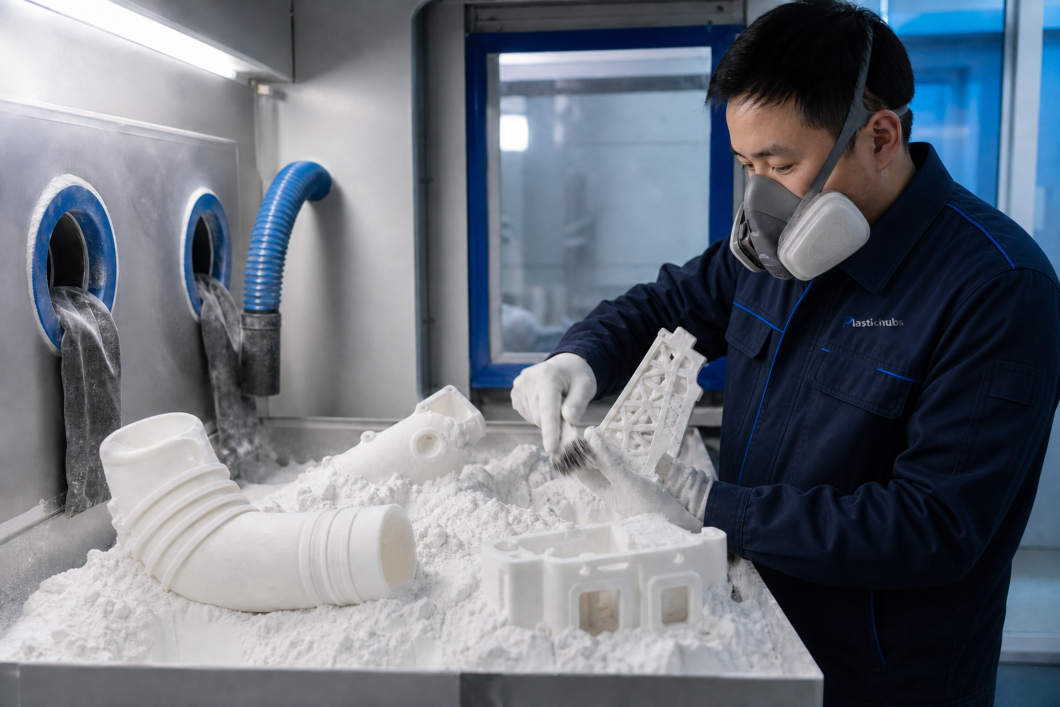 Chinese operator depowdering white SLS nylon parts