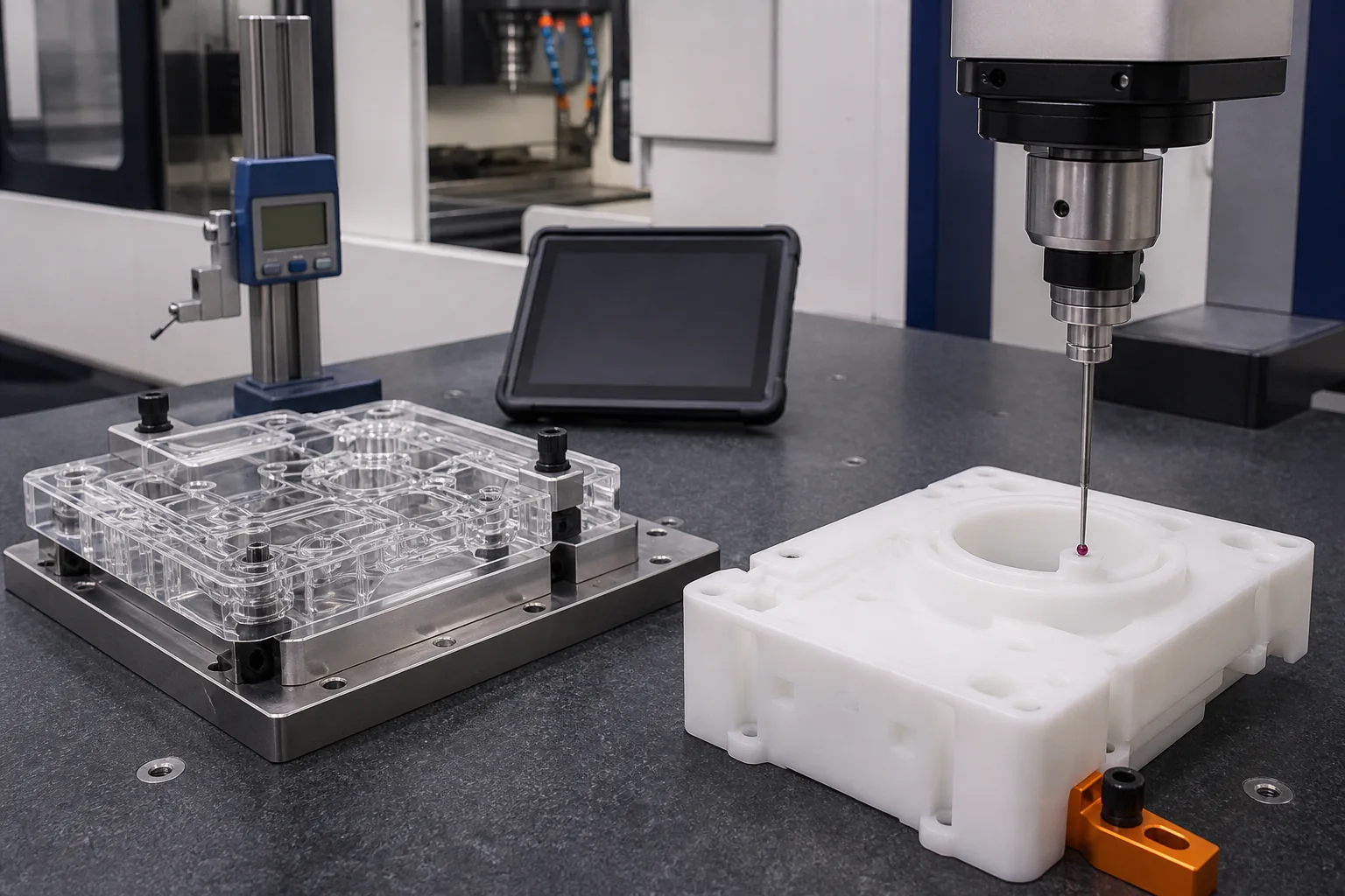 CMM touch probe inspecting a critical feature on a machined plastic housing