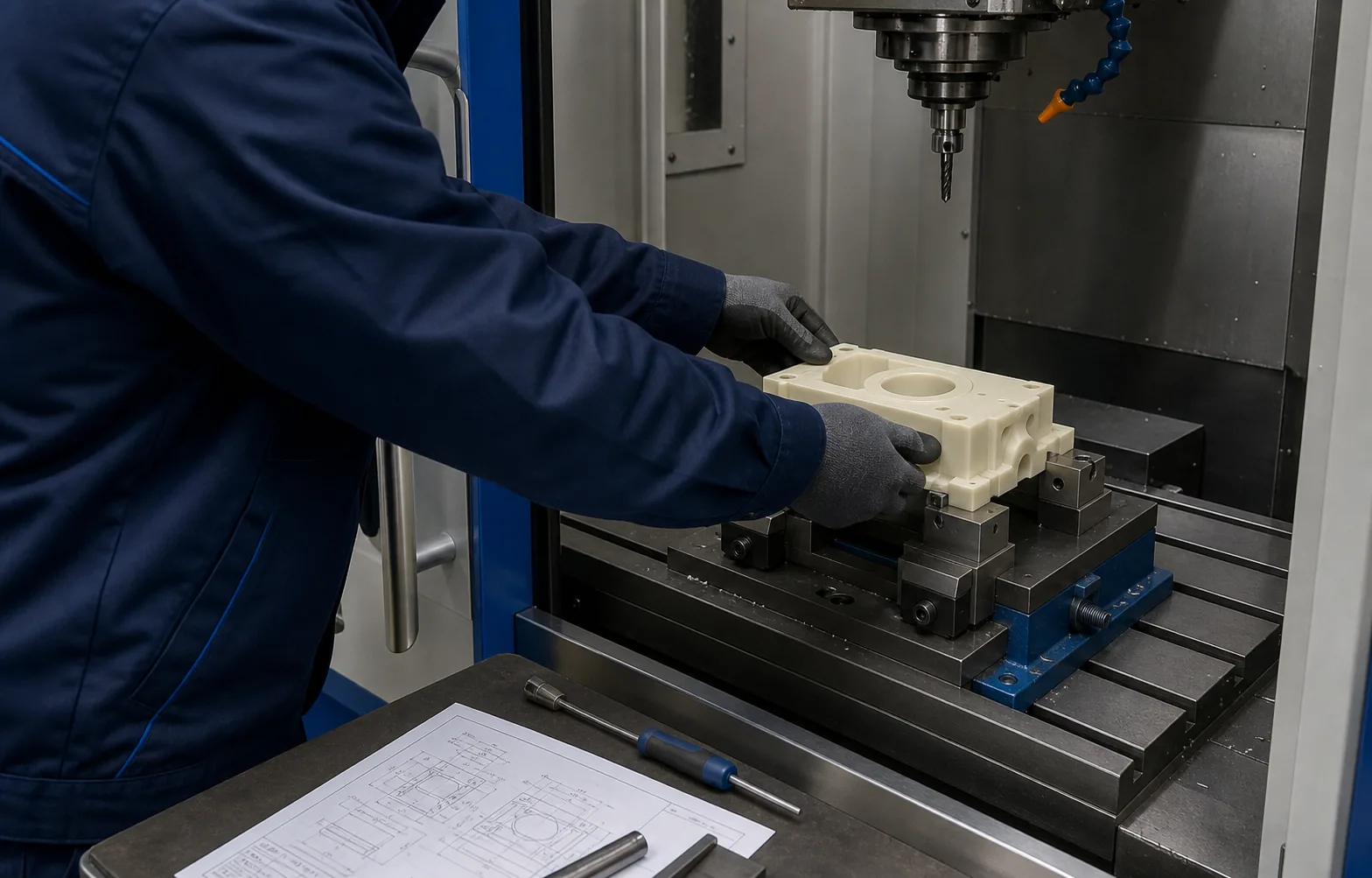 Operator aligning a POM plastic housing in a CNC milling fixture with the spindle safely stopped