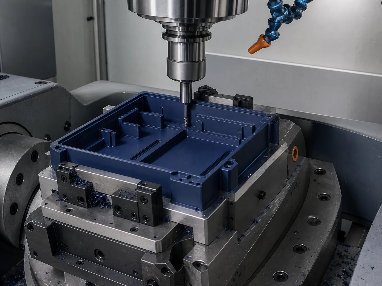 Thin-wall POM enclosure held in a multi-axis fixture for CNC milling