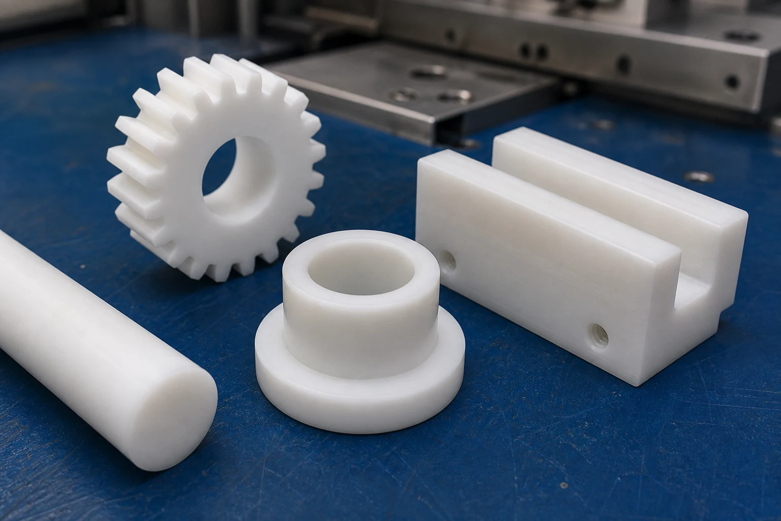 White POM gear, bushing, guide block and round stock for CNC milling