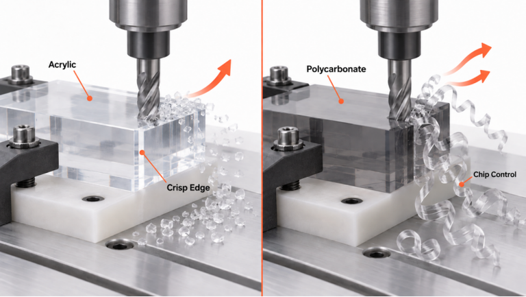 CNC milling comparison showing acrylic edge finishing and polycarbonate chip-control priorities