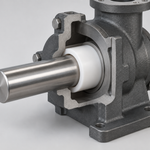 Cutaway illustration of a white PTFE bushing supporting a steel shaft inside a metal housing