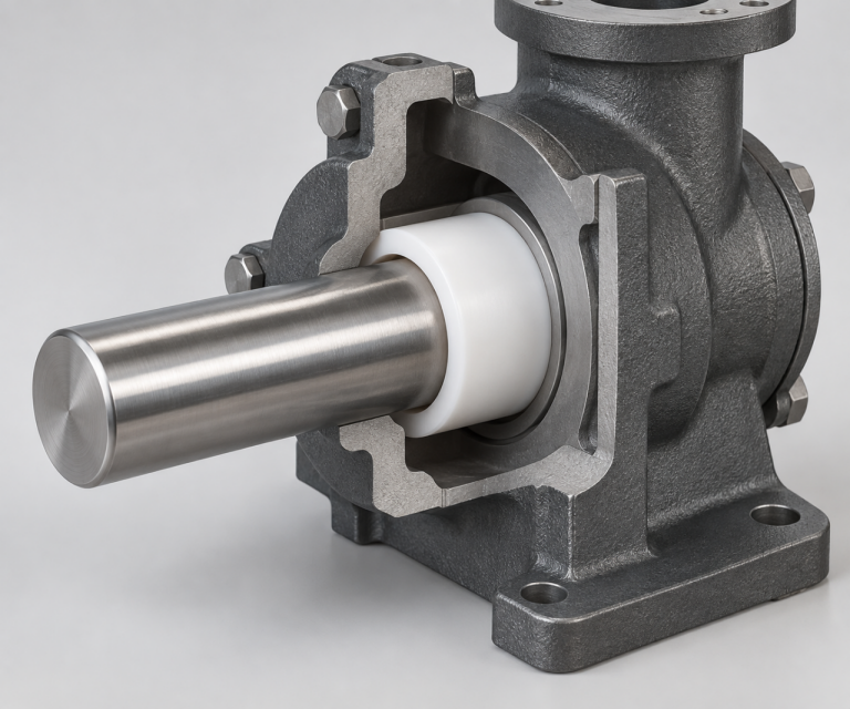 Cutaway illustration of a white PTFE bushing supporting a steel shaft inside a metal housing