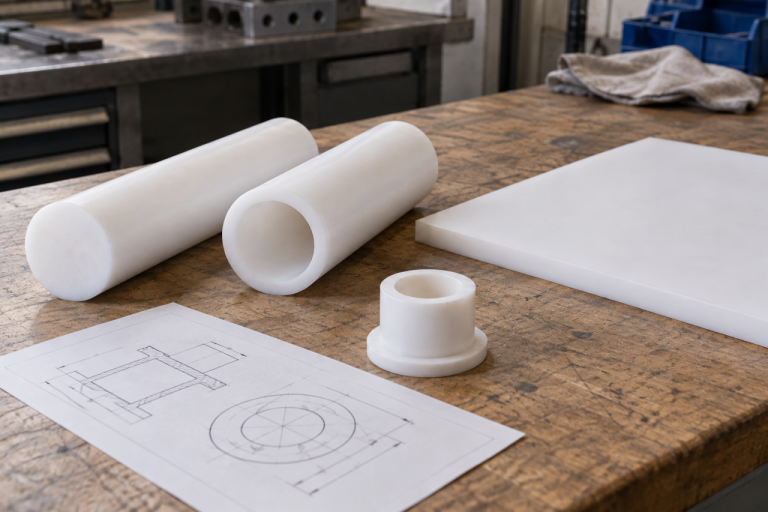 PTFE rod, tube and sheet blanks on a workbench beside a machined bushing and drawing