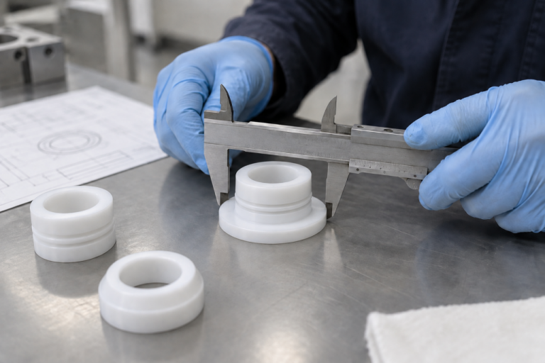 A stepped white PTFE flanged bushing rests freely while caliper jaws align with its flange diameter