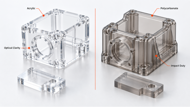 CNC-machined acrylic and polycarbonate housings compared for optical clarity and impact duty