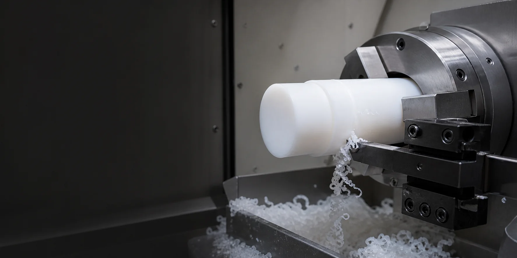 Illustrative CNC lathe turning a white POM plastic bar with curled chips