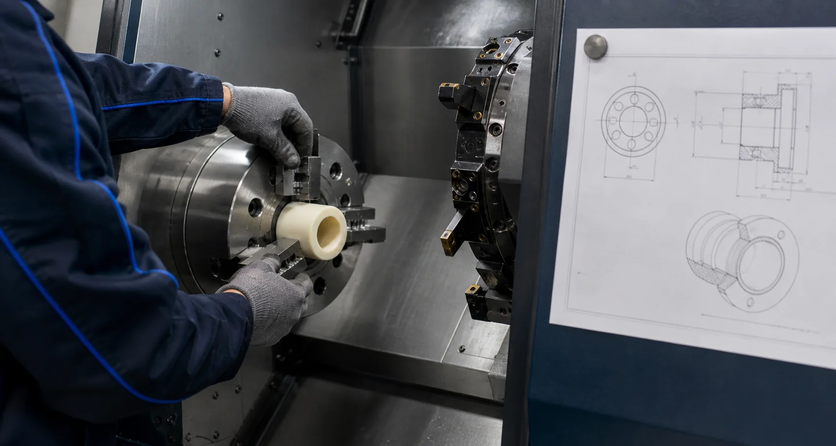 Illustrative operator review of a plastic sleeve in soft jaws on a CNC lathe