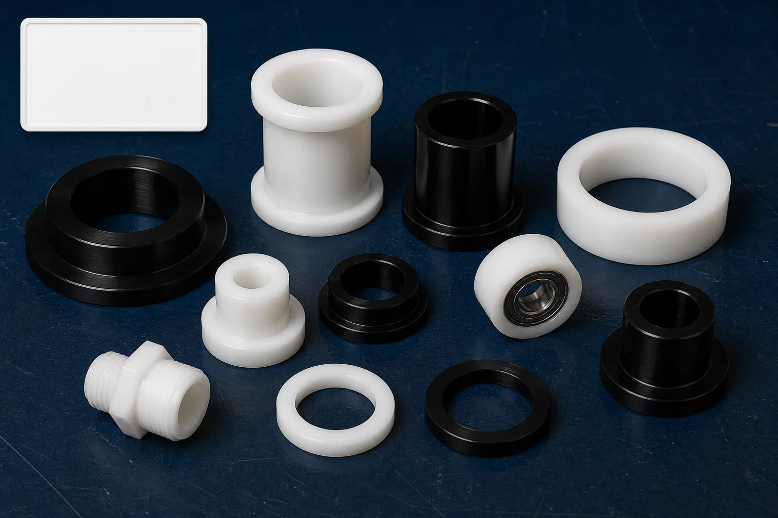 White and black CNC-turned POM bushings, sleeves and spacer rings